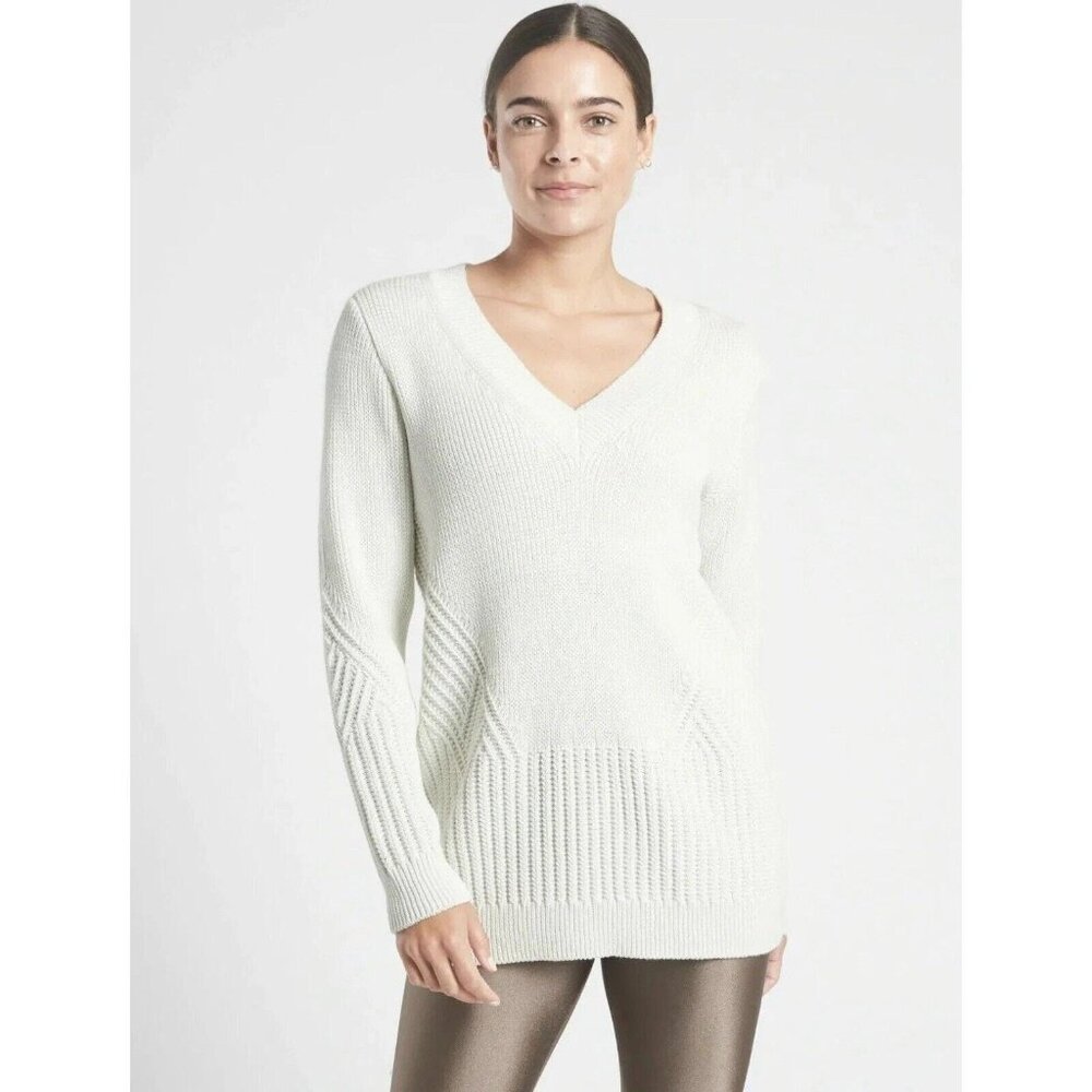 Athleta Teton V -Neck Chunky Knit Oversized Pullover Sweater Dove Cream- Size XS